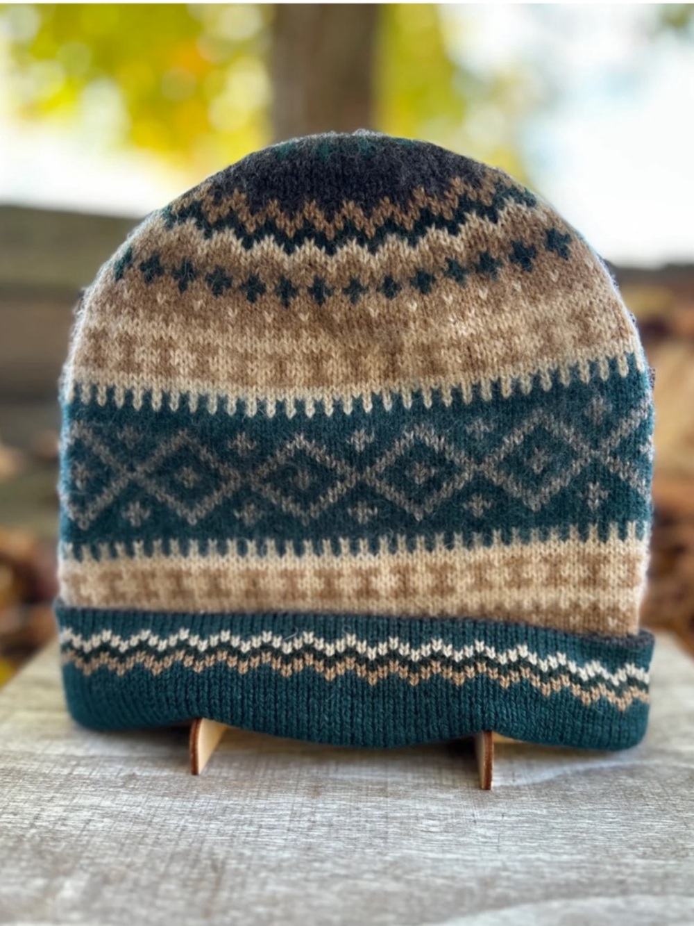 Andes Gifts Sierra Alpaca Wool Hat Beanie Fair Isle Blue Tan Warm Winter Gorpcor